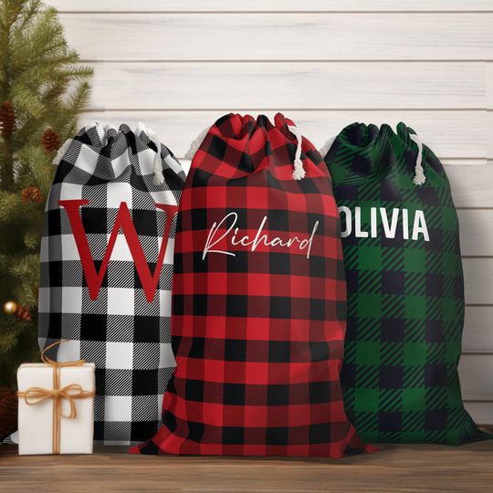 Discover Buffalo Plaid Santa Sacks, Custom Christmas Sack, Personalized Christmas Gift Bag, Christmas Eve Box, Xmas Gift Bag, Christmas Stockings