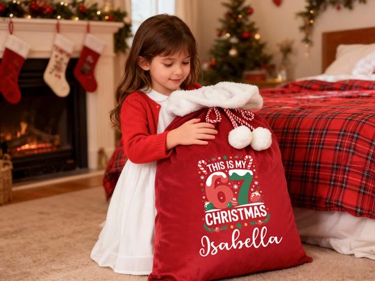 Discover Six Seven Personalized Santa Sack,Custom 67 Santa Gift Bag,Christmas Gift Large Santa Bags,Family Xmas Gift Santa bag,Christmas bag for kids