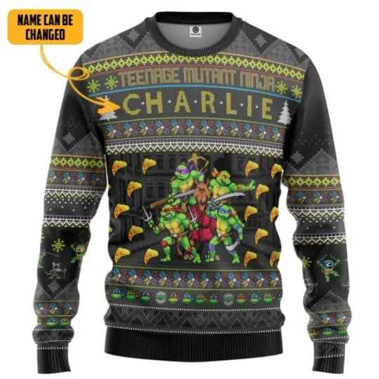 TMNT Turtles Ugly Christmas Style Personalized Custom Name Ugly Sweater Partyug