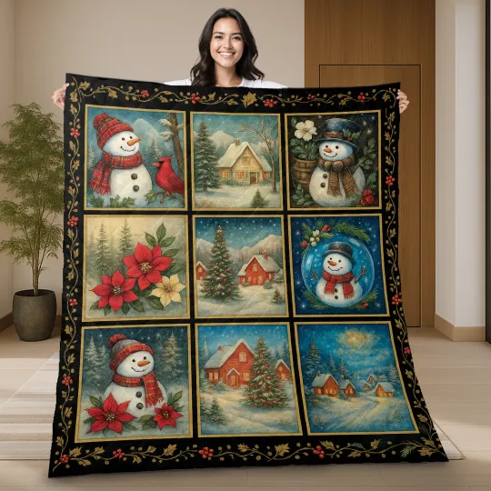 Discover Retro Snowman Patchwork Fleece Blanket for Winter and Christmas