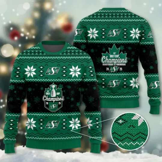 Discover Saskatchewan Roughriders 2025 Grey Cup Champions Ugly Sweater