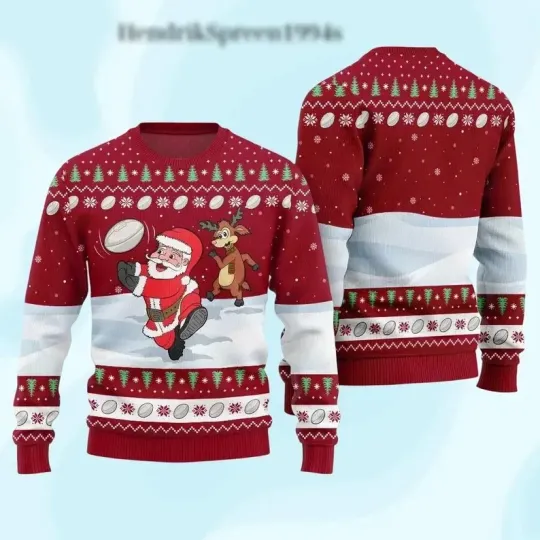 Discover Novelty Santa Running with Ball & Reindeer Chase Ugly Christmas Jumper