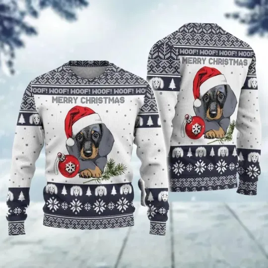 Dachshund Dog Ugly Christmas Sweater Woof Merry Xmas Holiday Jumper