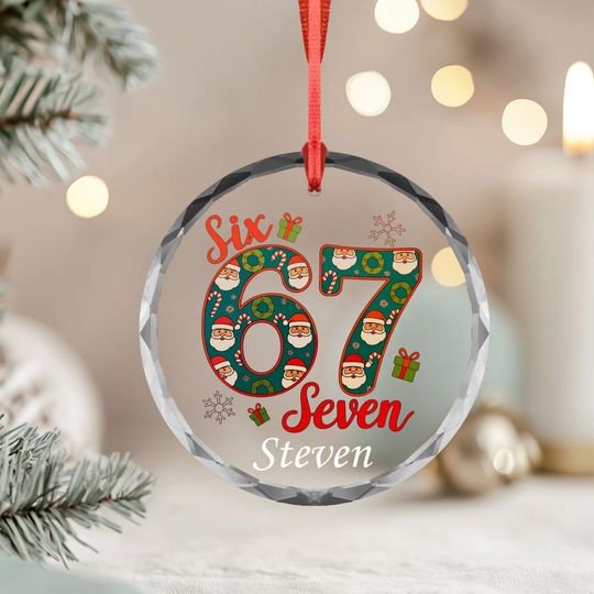 Discover Personalized 6 7 Meme Christmas OrGlass Ornamentnament, Santa Pattern Holiday Keepsake