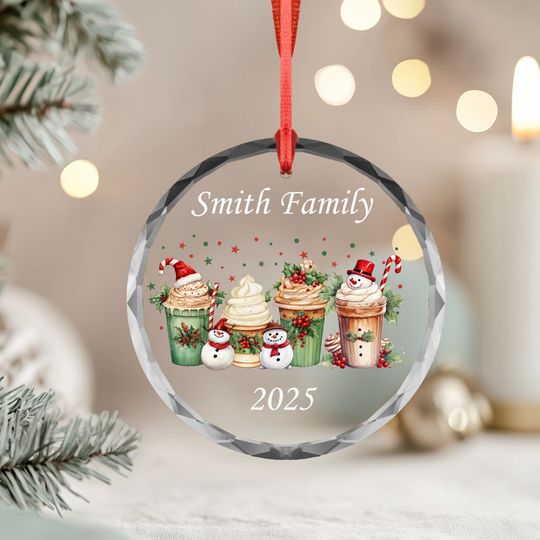 Personalized Family Christmas Glass Ornament 2025 | Hot Cocoa Cups