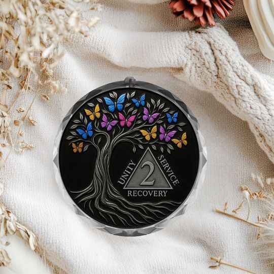 Sobriety Glass Ornament: Recovery Tree with Butterflies