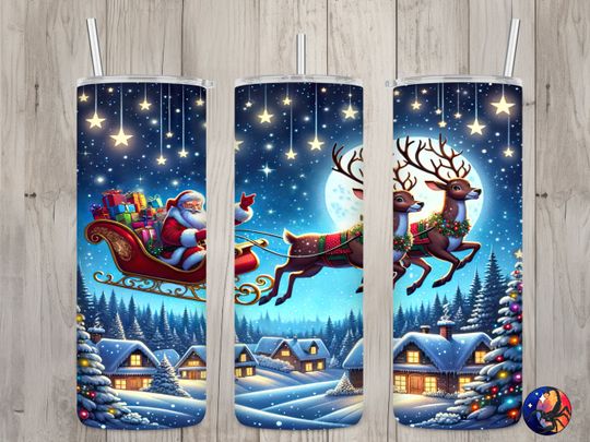Discover Seamless Santa Claus & Flying Reindeer Design, Christmas 20oz Skinny Straight Tumbler Sublimation Design, Tumbler Wrap