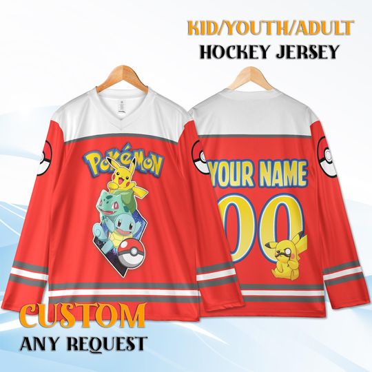 Custom poket mons Youth Hockey Jersey, Personalized Kids Name & Number, Pika Bulbasaur Squirtle Hockey Shirt, Kids Sports Gift