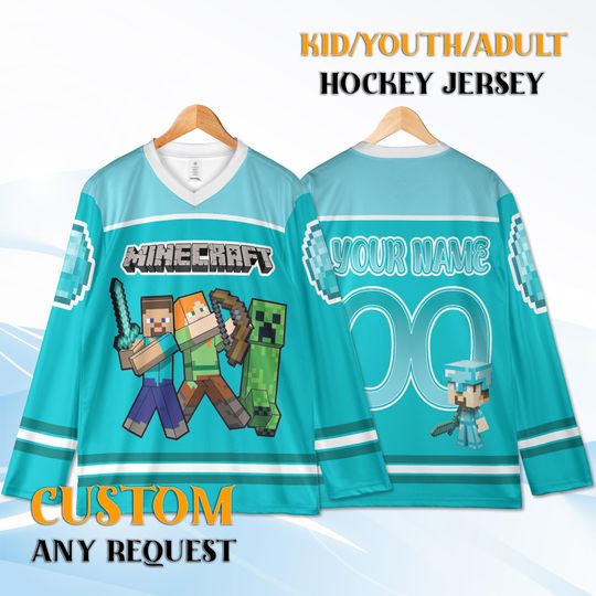 Discover Minecraft Youth Hockey Jersey, Personalized Kids Name & Number, Custom Gamer Shirt, Youth Team Jersey, Birthday Gift for Boys Girls