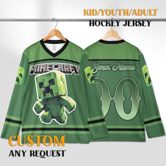 Discover Custom Minecraft Hockey Jersey, Personalized Creeper Shirt with Name and Number, Gamer Gift for Boys and Teens
