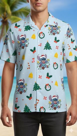 Discover Disney Stitch Christmas Hawaiian Shirt, Stitch Lover Tee, Lilo and Stitch Xmas Aloha Shirt, Hawaii Vacation Family Shirt