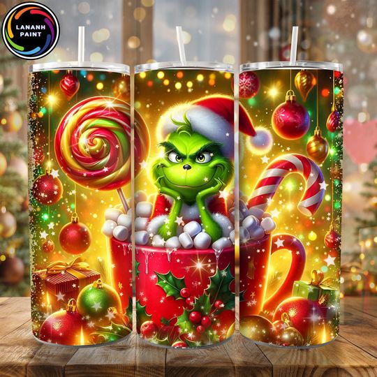 Discover Funny Green Guy Christmas Tumbler Wrap PNG, Cookie Hot Chocolate 20oz Skinny Tumbler, Mean Guy Holiday PNG, Trendy Xmas Digital Design