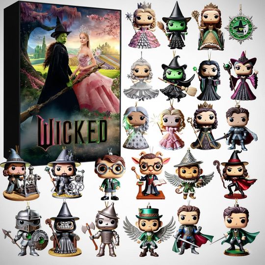 Wicked The Musical Advent Calendar, 24 Character Ornament Set, Elphaba & Glinda Christmas Gift, Oz Fan Decor