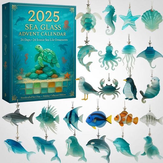 2025 Sea Ornament Advent Calendar, 24 Sea Life Christmas Ornaments, Beach Coastal Decor, Nautical Holiday Gift