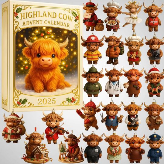 Discover Highland Cow Advent Calendar 2025, 24 Cute Heilan Coo Ornaments Set, Christmas Farmhouse Decor, Funny Holiday Gift