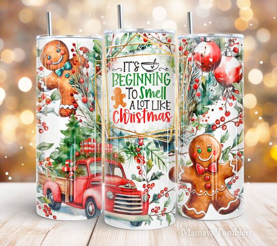 Discover It's beginning to smell a lot like Christmas 20oz skinny tumbler sublimation design Gingerbread man tree Straight
