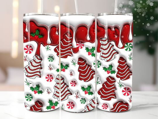 Discover 3D Seamless Christmas Tree Cakes Inflated Tumbler Wrap  , Puffy Snack Cakes Xmas 20oz Tumbler Sublimation Design