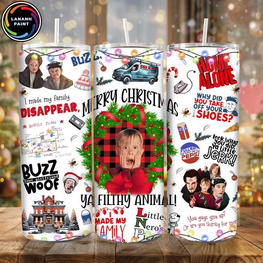 Merry Christmas Straight Tumbler Wrap, Ya Filthy Animal 20 oz Skinny Tumbler Sublimation Design, Movie Kid Alone Skinny Tumbler Design