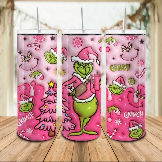 Discover 3D Inflated Christmas Movie 20oz Tumbler Wrap, Pink Merry Xmas, Santa Hat  , Stole Christmas Tumbler, Pink Christmas 20 oz Skinny Tumbler