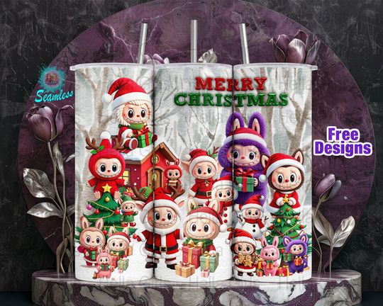 Labubu inspired  Christmas 20oz Tumbler Design, Cute Holiday Cartoon Characters  , Festive Winter