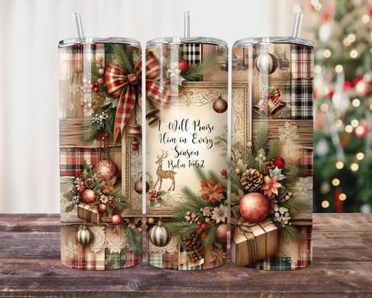 Discover Christian Christmas Plaid Tumbler Design: Scripture 20oz Skinny Tumbler Wrap