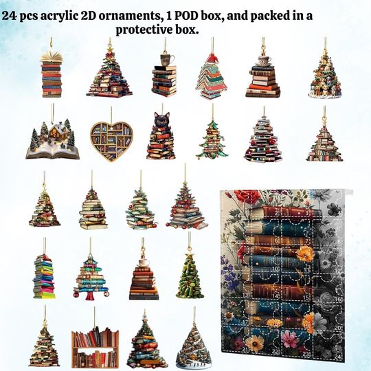 Discover Book Advent Calendar 2025 for Readers, 24 Day Christmas Countdown Set, 2D Acrylic Book Ornaments Collection, Holiday Tree Decoration Gift