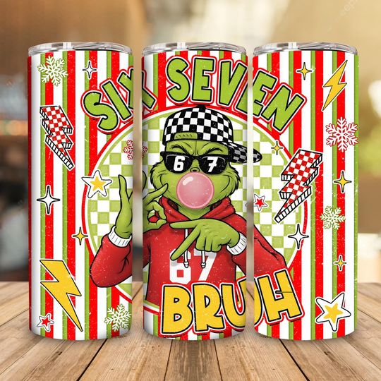 Discover Trendy Six Seven Bruh Funny Meme Christmas Hands 20 oz Skinny Tumbler Sublimation Design  , Trendy Christmas 2025, Funny Green Guy Design