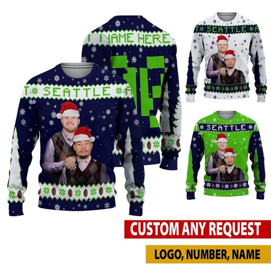 Discover Personalized Sam Darnold Jaxon Smith-Njigba Ugly Sweater, Seattle Bros Funny Christmas Hoodie, Football Christmas Gifts Shirt
