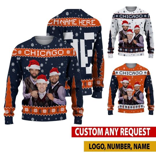 Personalized Caleb Williams Rome Odunze Ben Johnson Ugly Sweater, Chicago Bros Funny Christmas, Football Christmas Gifts Shirt