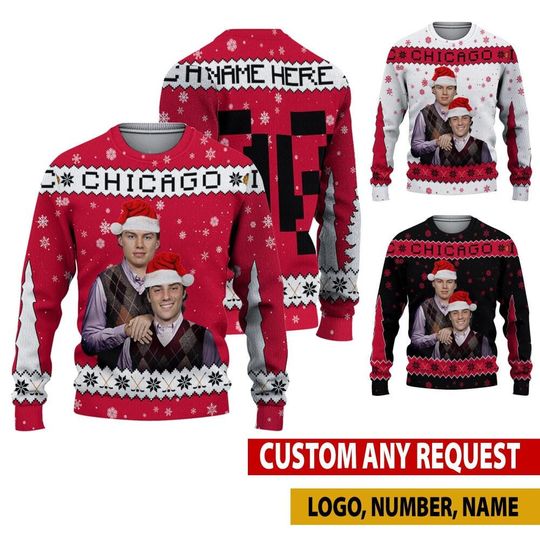 Discover Personalized Connor Bedard Frank Nazar Ugly Sweater, Chicago Bros Funny Christmas Hoodie, Ice Hockey Christmas Gifts Shirt
