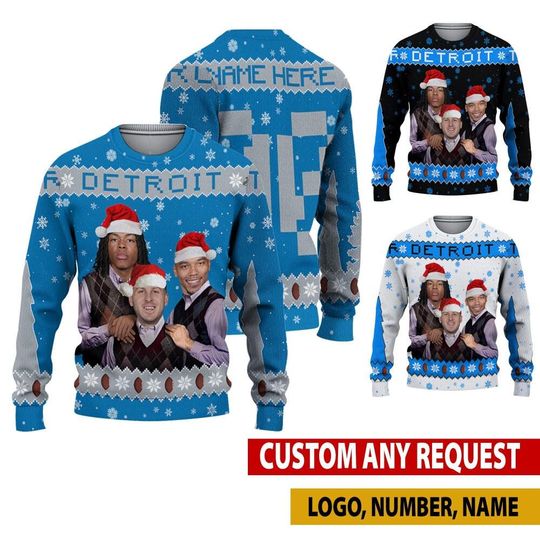 Discover Personalized Jahmyr Gibbs Jared Goff Amon-Ra St. Brown Ugly Sweater, Detroit Bros Funny Christmas Hoodie, Football Christmas Gifts Shirt