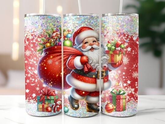Discover Cute Santa Claus Glitter Tumbler Wrap, 20 oz Skinny Tumbler Sublimation Design, Straight Tumbler Wrap, Christmas Tumbler Wrap