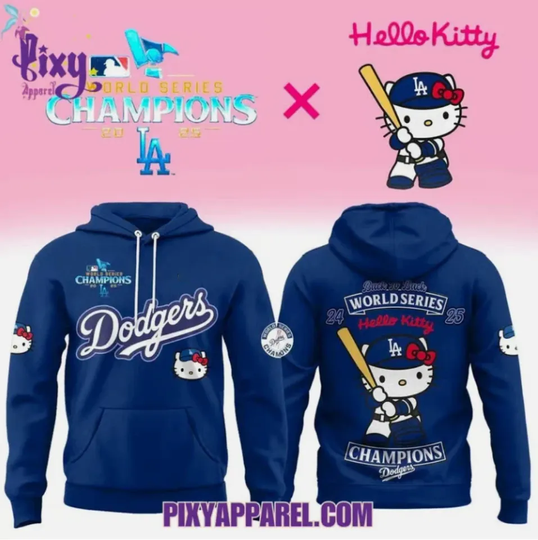 Discover Hello 1Kitty x Dodgers 2025 Back To Back Champions Hoodie 3D Gift For Christmas
