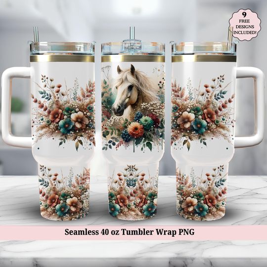 Discover Floral Horse 40oz Tumbler Wrap, Boho Flowers 40 oz Tumbler Wrap, Horse Lover Seamless Quencher PNG Sublimation Design, Digital Download