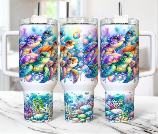 Discover Cute Turtle Tumbler Wrap 40oz Quencher Floral Turtle Tumbler PNG Sublimation Design Sea Baby Turtles Tumbler Wrap, Instant Digital Download