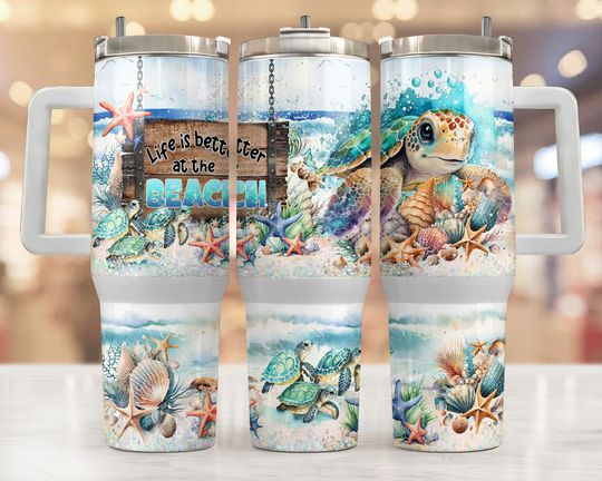 Discover Life is better at the beach 40 oz Quencher tumbler sublimation design Summer Turtle starfish Quote digital PNG wrap Waterslide download