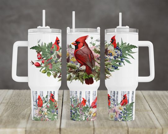 Pretty Floral Woodland Cardinal Red Cardinals Bird Pattern design 40 oz 2 piece Tumbler Sublimation Template