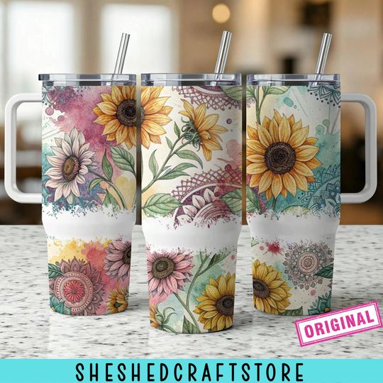 Discover Boho Sunflower 40oz Tumbler Wrap, Sunflower Sublimation design template, Mandala 40oz , Floral 40oz tumbler with handle
