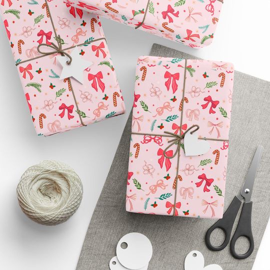 Discover Pink Holiday Bows Wrapping Paper, Ribbon Pattern, Floral Sprigs