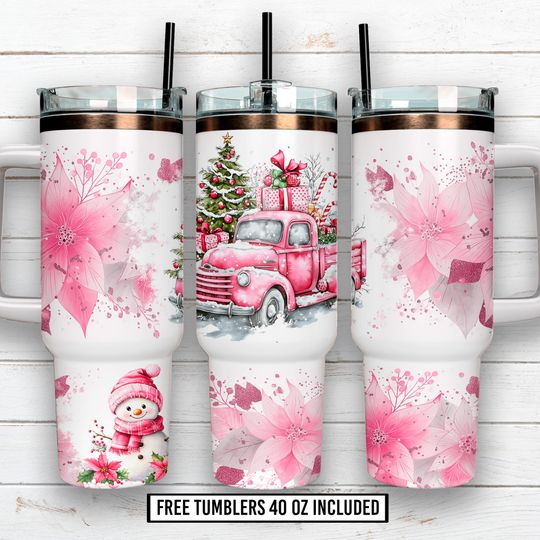 Discover Pink Christmas Truck 40oz Tumbler Wrap | Holiday Sublimation with Gifts, Snowman & Poinsettia Flowers