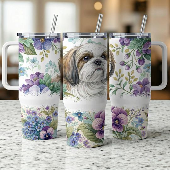 Discover Shih Tzu Floral Dog 40oz Tumbler Wrap,  Sublimation Design for 40oz Tumblers, Pet Tumbler Wrap Template