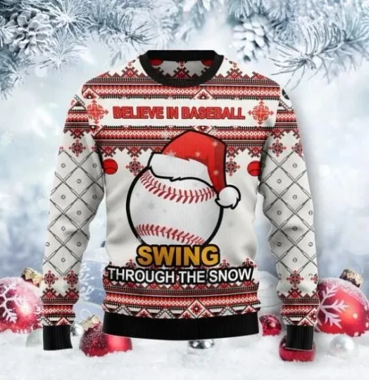 Discover Baseball Swing Through Snow Ugly Christmas Sweater Gift For Christmas
