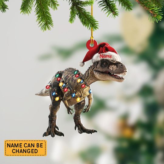Discover Personalized Dinosaur And Hat Light Christmas Ornament, Dinosaur Christmas Ornament Decor, Gift For Animal Lovers