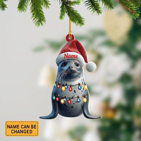 Personalized Seal And Hat Light Christmas Ornament, Seal Christmas Ornament Decor, Gift For Animal Lovers