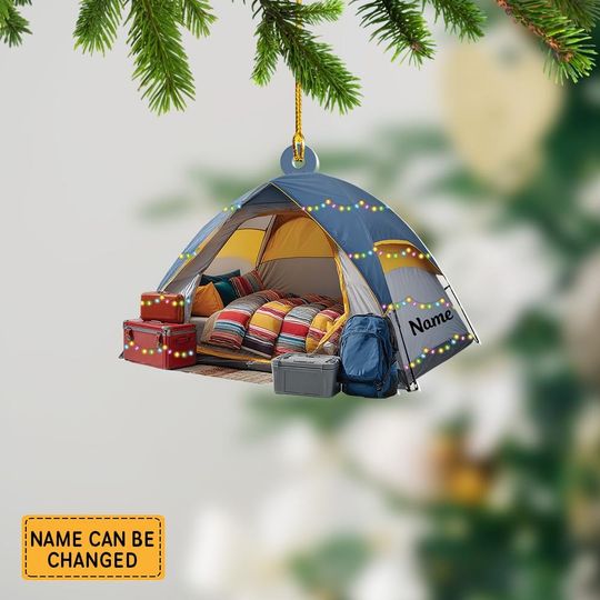 Discover Personalized Camping Tent Christmas Ornament, 2D Flat Campsite Tent Decoration, Camp Holiday Ornament, Winter Cabin Tree Decor