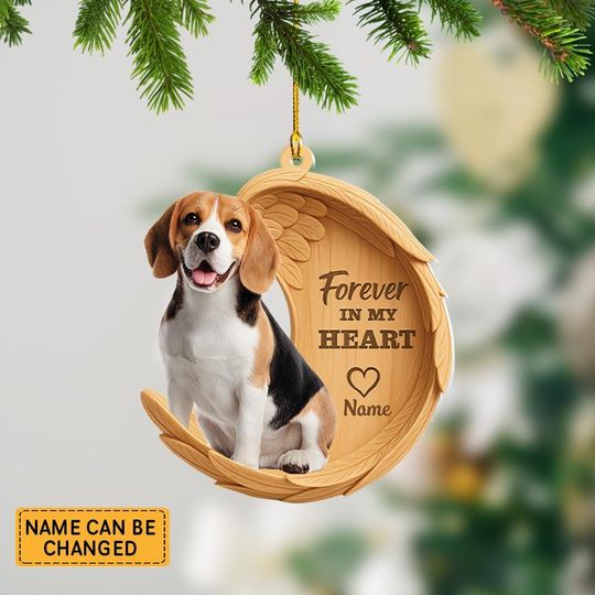Personalized Beagle Dog Angel Wings Ornament, Beagle Dog Forever In My Heart Christmas Ornament Decor, Beagle Dog Xmas Gift