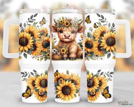 Discover Sunflowers Highland Cow 40oz Tumbler Wrap, Summer Flower 40oz Quencher Tumbler Sublimation Design, Watercolor Floral Cute Animal Tumbler