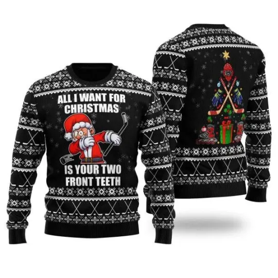 Discover Santa Hockey All I Want For Christmas Is Your Two Front Teeth Ugly Sweater Party