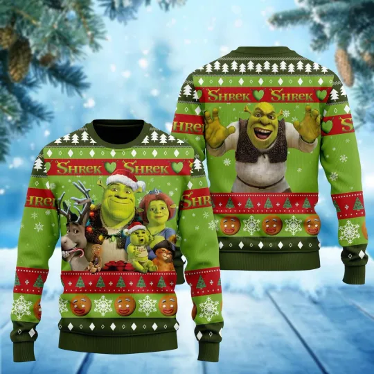 Shrek Christmas Sweater Fiona And Shrek Ugly Xmas Sweater Cartoon Meme Ugly Sweater