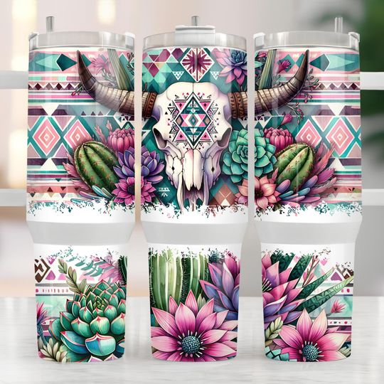 Discover Boho Aztec 40oz Tumbler Wrap, 40 oz Western Bull Skill Sublimation Design, Rustic Watercolor Cactus Tribal Pattern Tumbler Wrap  , Aztec